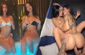 Anna Cherry y Liz Mendez en bikini blanco y negro en el jacuzzi tomando copas